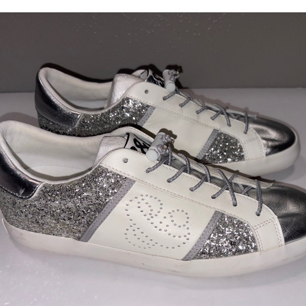 Sam & Libby Women's White Silver Glitter Low Top Fashion Sneakers Size 8 - Picture 2 of 10